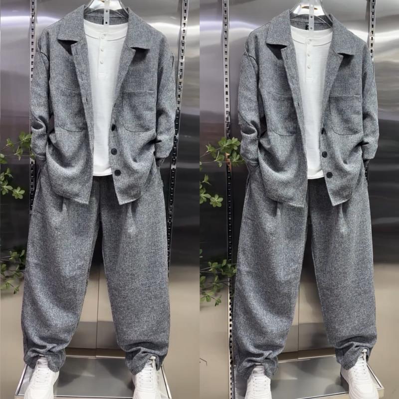 Men'S Fashion Loose Pants - Men Lapel Shirt Suit Loose Straight