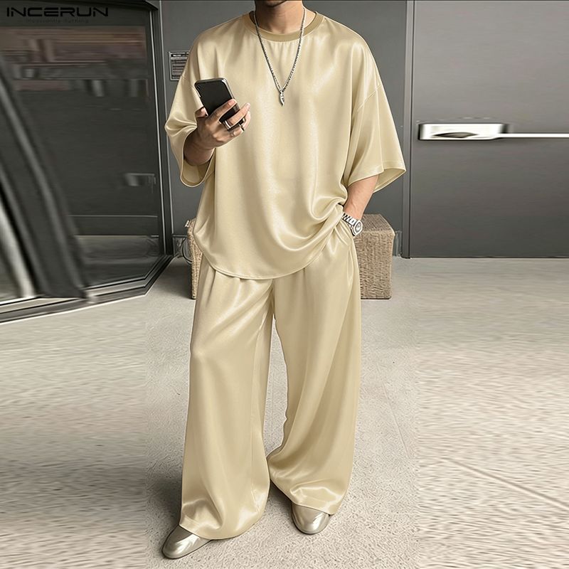 Men'S Fashion Loose Pants - INCERUN Men's Sets Solid Loose Shiny
