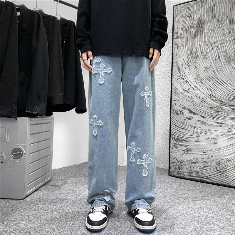 Men'S Fashion For 70 Year Old - Men Cross Print Jeans Autumn Winter