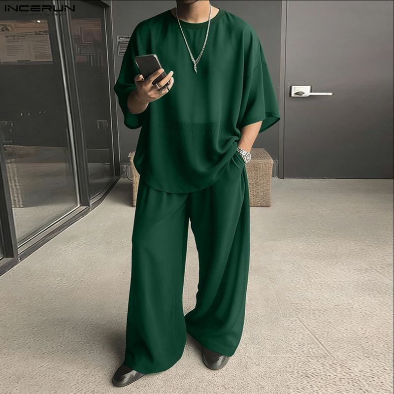 Men'S Fashion Loose Pants - INCERUN Men Sets Solid Color O-neck