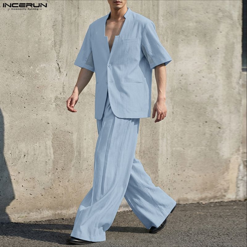 INCERUN Men Sets Solid V Neck  - đánh giá và giá Men'S Fashion Loose Pants