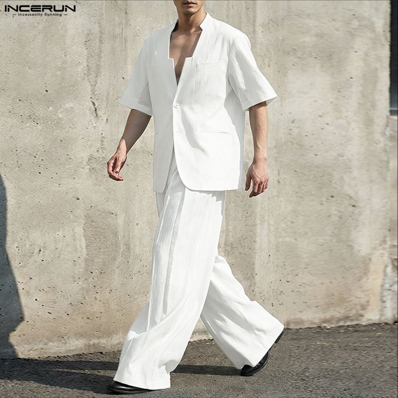 INCERUN Men Sets Solid V Neck  - đánh giá và giá Men'S Fashion Loose Pants